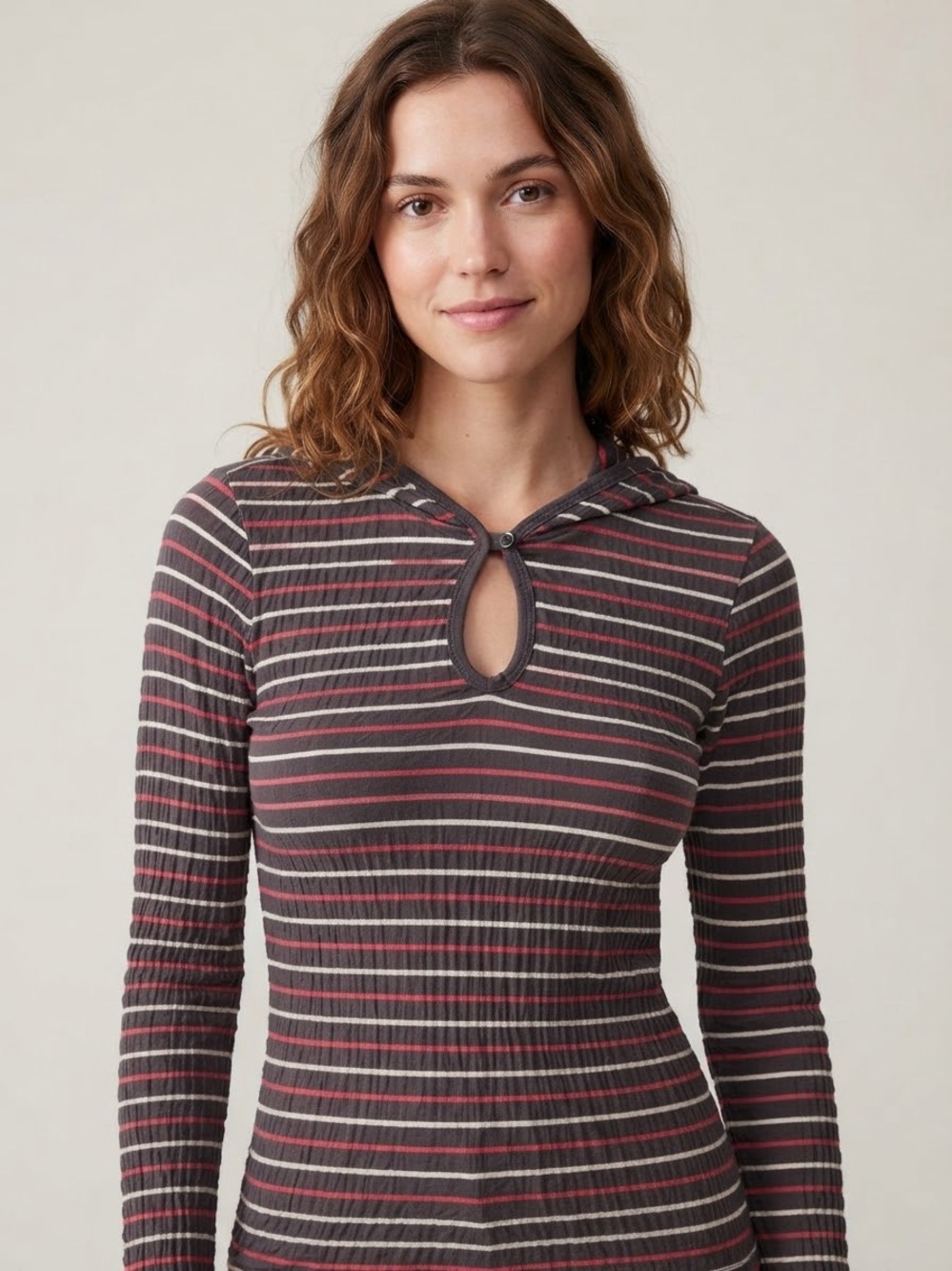 LOLE Striped Long-Sleeve Hoodie Top M 17” p2p Gray/Pink/White $80 Retail EUC